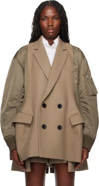 sacai Manteau matelassé kaki et beige en melton de laine et en sergé de nylon