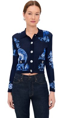 L'AGENCE Osiris Jacquard Collared Cardigan Black/Blue Porcelain L