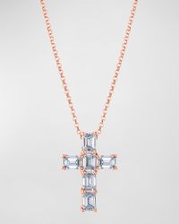 18K Gold 6-Stone Shared Prong Emerald Cut Diamond Cross Necklace, 16"L, 1.50tcw