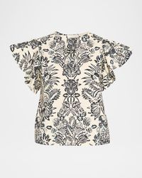 Severine Floral Flutter-Sleeve Blouse