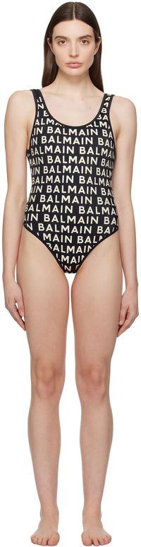 Balmain Black & Off-White Print Swimsuit