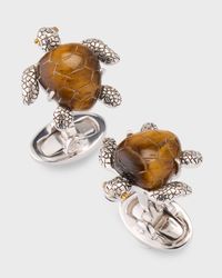 Men's Sterling Silver Hand-Carved Tigers Eye Sea Turtle Cufflinks