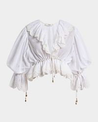 Eyelet Cotton Ruffle Crop Peasant Blouse