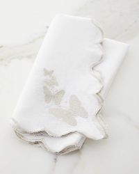 White Linen Silver Butterfly Scalloped Edged Embroidered Napkin