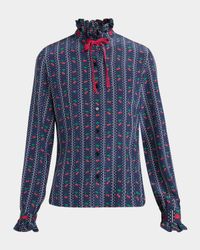 Cherry Polka-Dot Striped Crepe De Chine Shirt