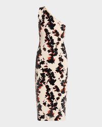 Printed One-Shoulder Sequined Compact Viscose Midi Dress
