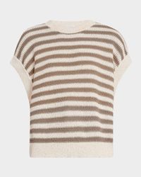 Striped Cap-Sleeve Paillette Knit Sweater