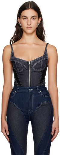 Mugler Justaucorps bleu marine et noir en denim à panneaux