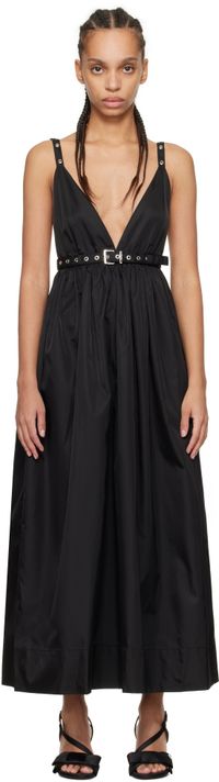 GANNI Robe longue noire en satin duchesse de nylon à ceinture