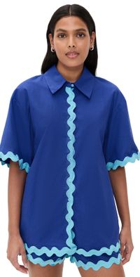 English Factory Scallop Detailed Short Sleeves Shirt Blue L