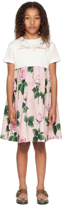 Dolce&Gabbana Kids Pink Rose-Print Poplin & Jersey Dress