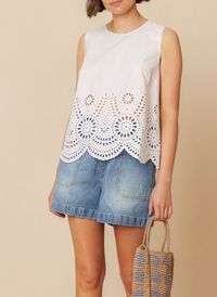 Indi & Cold - Top sans manches brodé en coton - Taille L - Blanc