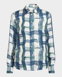 Brushstroke Check Button Down Silk Blouse