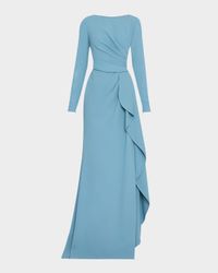 Long-Sleeve Ruffle-Slit Cady Gown