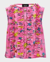 Girl's Ruffled Sleeveless Floral Cotton Shirt, Size 6-14