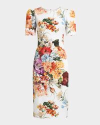Floral Bouquet Creton Short-Sleeve Dress