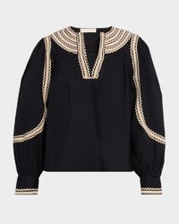 Laurenza Ric-Rac Trim Long-Sleeve Peasant Blouse