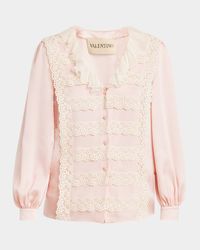 Ruffle V-Neck Lace Trim Silk Shirt