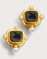 19K Yellow Gold Venetian Glass Intaglio Square Pegasus Earrings with Pearls