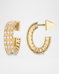 18K Yellow Gold Small Hoop Earrings with Alternating Diamonds