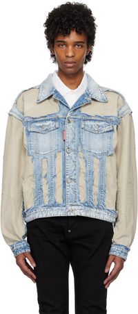 Dsquared2 Blue & Beige Super Ripped Mixed Denim Jacket