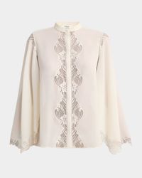Lace Placket Tulip-Sleeve Silk Blouse