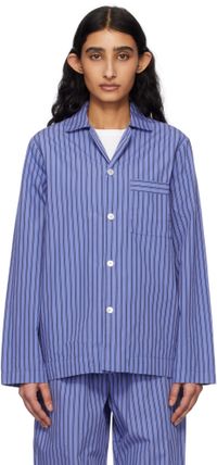 Tekla Chemise de pyjama à manches longues bleu et noir en popeline
