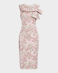 Bow-Front Metallic Jacquard Midi Sheath Dress