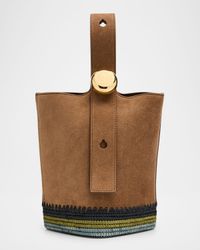 Pebble Raffia-Bottom Mini Bucket Bag in Suede
