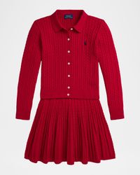 Girl's Cotton Polo Cardigan & Skirt Set, Size S-XL