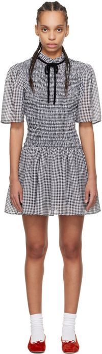 GANNI Robe courte noir et blanc à carreaux et à smocks