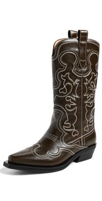 GANNI Mid Shaft Embroidered Western Boots Dark Olive/Egret 37
