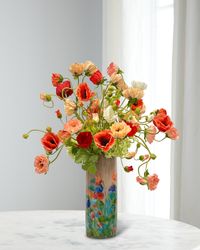 Poppy Hydrangea Faux Floral Arrangement in Painted Porcelain Vase
