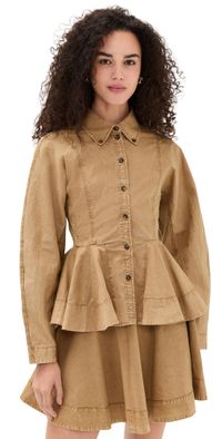 GANNI Washed Stretch Cotton Peplum Shirt Lark 36