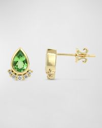 Green Tsavorite 14K Yellow Gold Diamond Teardrop Stud Earring, Single