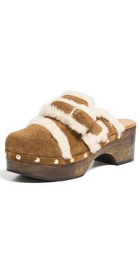 Cinq à Sept Wrenley Shearling Buckle Platform Mules golden sienna 37