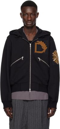 Dries Van Noten Pull à capuche noir à appliqués brodés