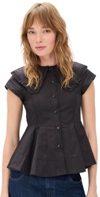GANNI Stretch Cotton Peter Pan Collar Shirt Black 32