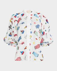 Nautical Embroidered Linen Button-Down Blouse