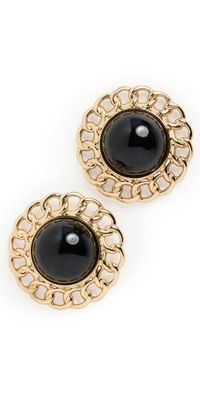 Kenneth Jay Lane Small Polished Gold Braided Edges with Center Button Earrings Black One Size