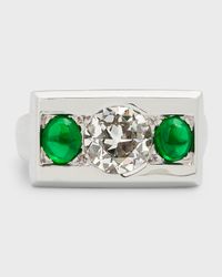 Estate 14k White Gold Diamond and Emerald Ring, Size 5.25