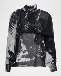 Palm-Print Silk Chiffon Cape Blouse