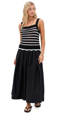 Madewell Poplin Crocheted Knit Midi Dress Jet Black And White Combo XL