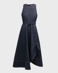 Zelda Belted Asymmetric Sleeveless Denim Midi Dress