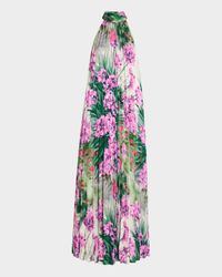 Pleated Floral-Print Halter Gown
