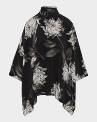 Large Peony Silk Print Short-Sleeve Shirt With Collar (Mid Plus Length)