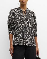 Emy Abstract-Print Short-Sleeve Neck-Tie Silk Blouse