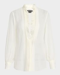 Pleated Puff Sleeve Blouse with Ruffle Trim