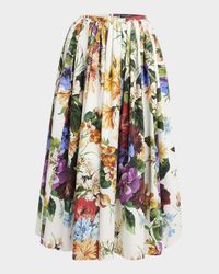 Flower Bouquet Pleated Popeline Midi Skirt