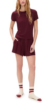 Lunya Soft Modal Rib Tee Short Set Calliope Wine XL